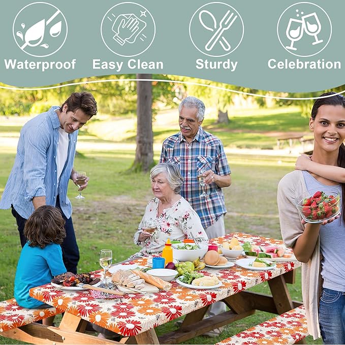misaya Picnic Table Cover with Bench Cover, Waterproof Elastic Fitted Tablecloth for 6 Foot Tables, Rectangle Washable Polyester Fabric Tablecloths for Picnic, Camping, Outdoor (Red Daisy, 30" x 72")