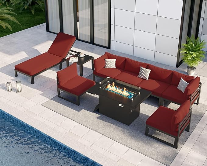 NICESOUL 7 Person Modern Aluminum Outdoor Patio Furniture Set with Chaise & Firepit Table, 29" Wide Deep Seating, Water Resistant Modular Sectional Couch, Large Conversation Set for Poolside Deck, Red
