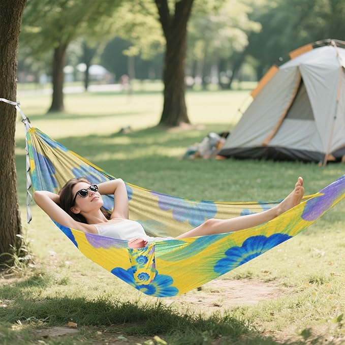 Irregular Tie-dye in Yellow and Blue Hammocks with Portabl Carry Bag Cloth Hammock for Patio Backyard Lounge Base