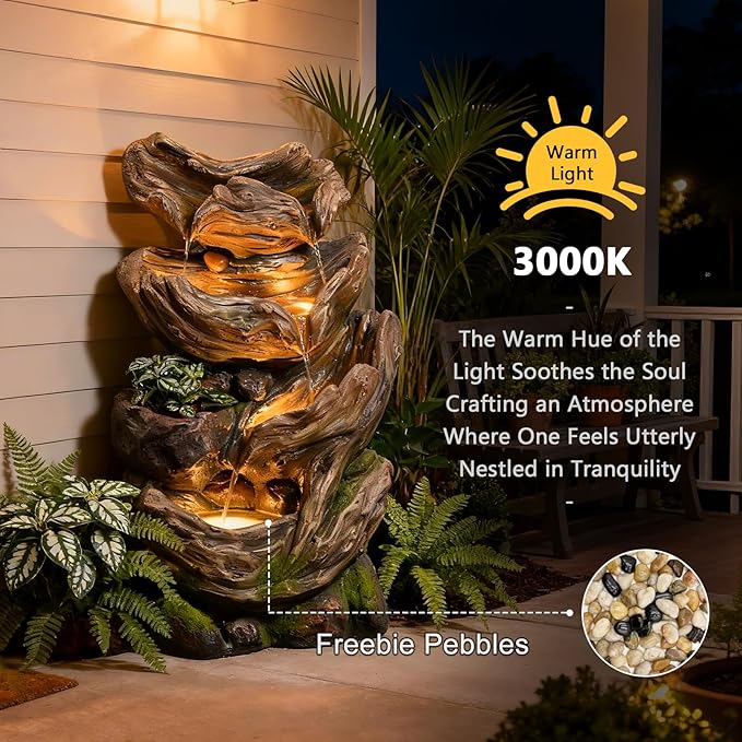 25.2" H 4-Tier Outdoor Water Fountain with LED Lights and Planter Pot, Cascading Wood-Look & Moss Waterfall Floor Fountain for Garden, Patio, Yard, Porch, Deck, Outdoor & Indoor Decor