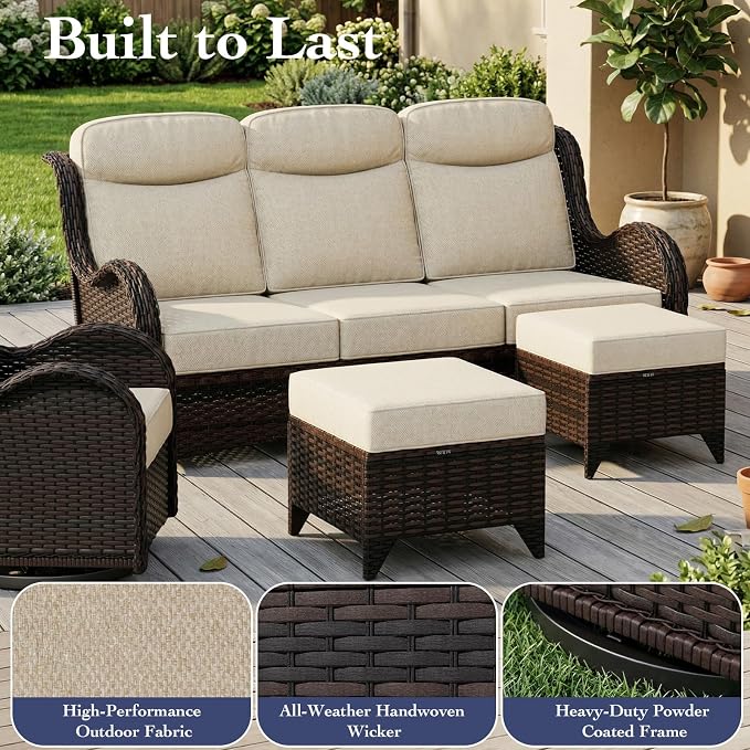 7 Pieces Outdoor Patio Furniture Set with 5" Thick Cushions, Weather-Resistant Wicker High Back Swivel Rocker Chairs, Patio Conversation Set for Outside Porch Deck Garden，Beige