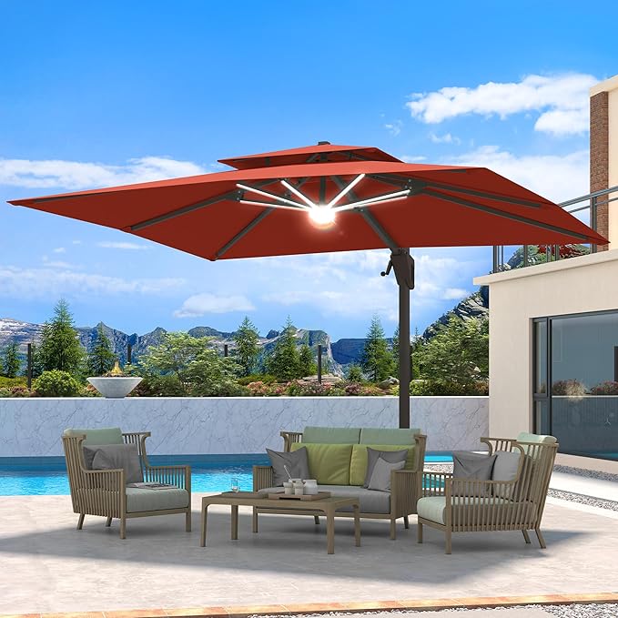 10 X 13 FT Cantilever Patio Umbrella with LED Lights Outdoor Heavy Duty Double Top Windproof Rectangle Offset Umbrellas with 360-degree Rotation for Pool Deck Backyard, Wine Red