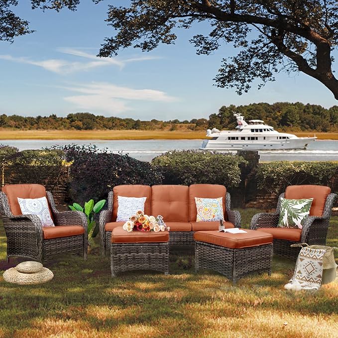 Patio Furniture Set 5-Piece Wicker Outdoor Furniture Conversational Set with 3-Seat Sofa, 2 Armchairs, 2 Ottoman Patio Rattan Wicker Sectional Sofa Set with Olefin Cushions, Orange