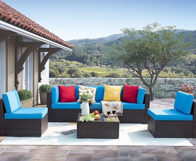 Homall 6 Pieces Patio Outdoor Furniture Sets, Low Back All Weather Rattan Sectional Sofa Manual Weaving Wicker Conversation Set with Coffee Table and Washable Couch Cushions (Blue)