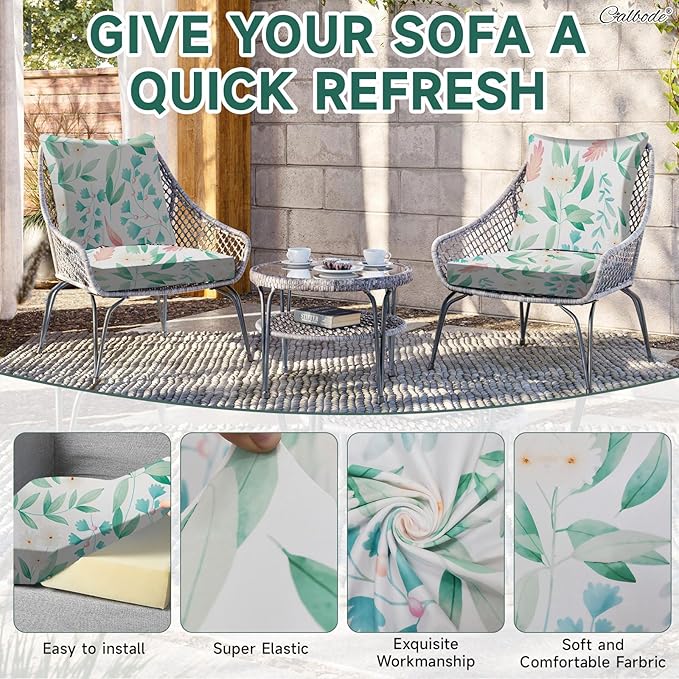 CALBODE 12Pcs Stretch Patio Cushion Cover, Fresh Botanical Printed Couch & Sofa Slipcovers for Patio Furniture Cushions Washable Reusable Couch Covers Replacement for Spring Summer (Cover Only)