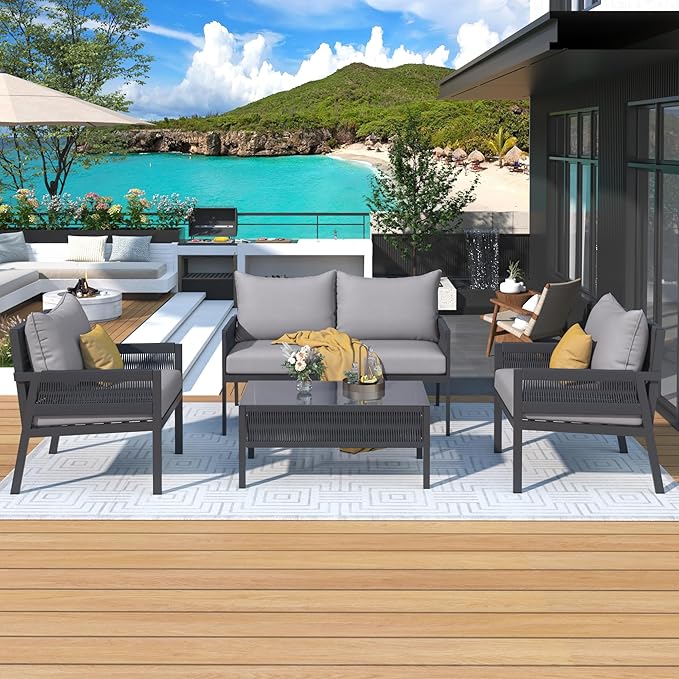 Harper & Bright Designs K&K 4-Piece Rope Patio Furniture Set, Outdoor Furniture with Tempered Glass Table, Patio Conversation Set Deep Seating with Thick Cushion for Backyard Porch Balcony (Grey)