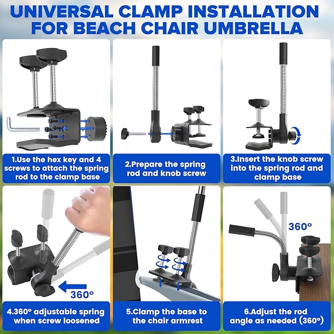 Chair Umbrella with Clamp,2PACK 53 inches Double Canopy Beach Chair Umbrella with Universal Clamp,50+ UV Protection,360° Swivel,Folding Clip on Sun Umbrellas for Table,Camping,Bench Chairs,Golf Cart