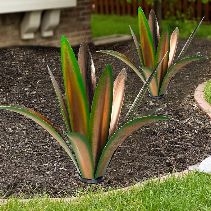 TOMBABY Enlarge Thickened Wind Resistant Metal Agave Garden Art Plant Country Sculpture Statue Outdoor Decoration Courtyard Lawn Ornament Gift (12 Leaves Green 1 pcs)