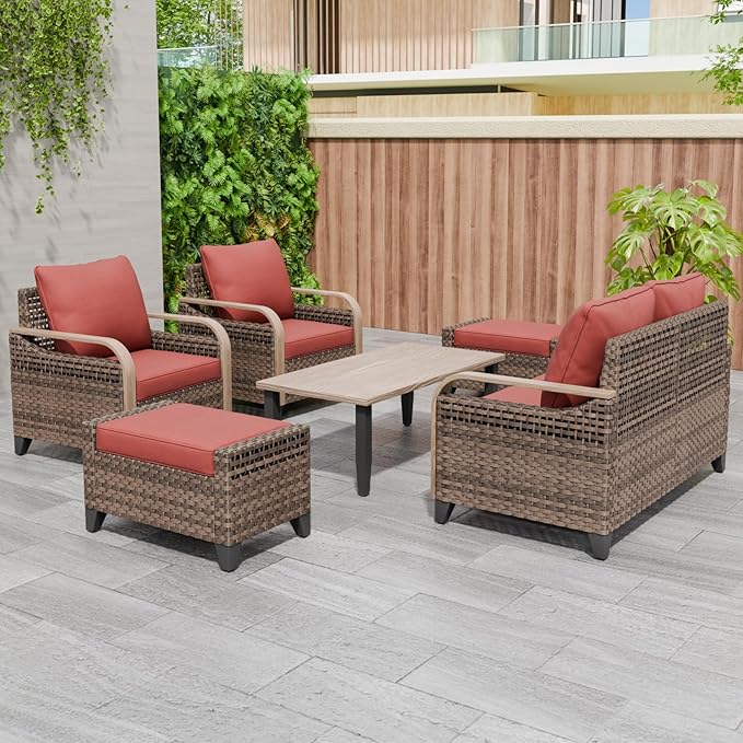 EAGLE PEAK Modern Wicker Outdoor Patio Furniture Set, Patio Conversation Set, 2 Chairs, 2-Seat Loveseat, 2 Ottomans and Coffee Table, 6 Pieces, Brown/Red