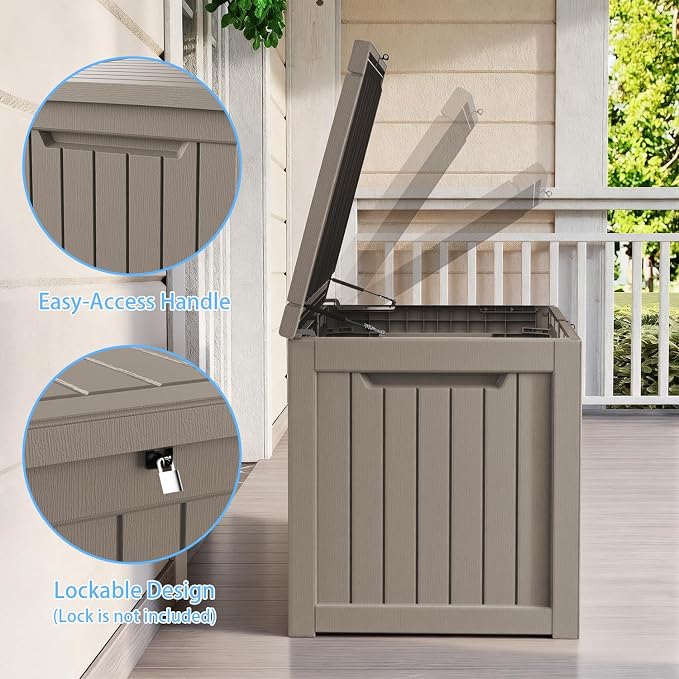 AmaVins Outdoor Storage Box, 230 Gallon Deck Box Indoor and Outdoor Use, Waterproof Resin Storage Bin for Package Delivery, Patio Cushions, Gardening Tools, Lockable, UV Resistant, Light Coffee