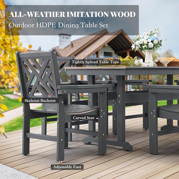 HDPE Outdoor Dining Set,10-Piece Outdoor Table and Chairs Include 8 Dining Chairs and 2 Pcs 62.5" Patio Dining Table with Umbrella Hole (Gray)