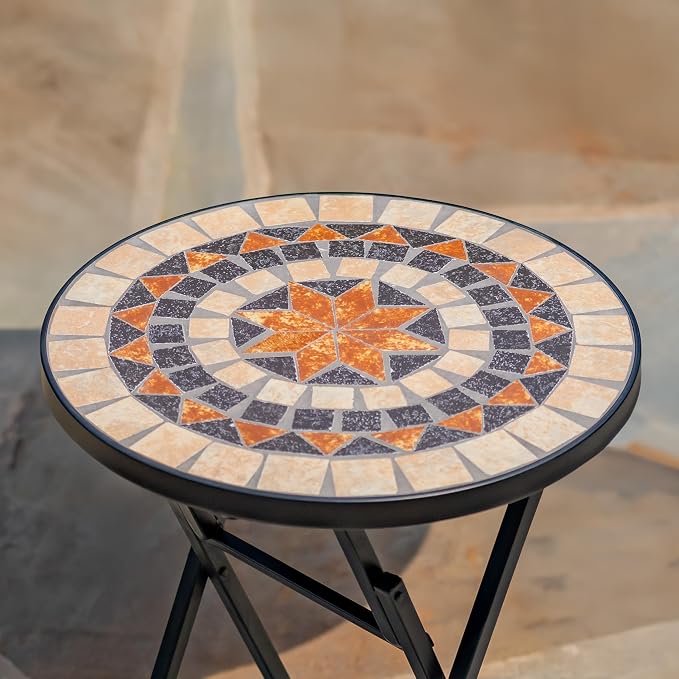 Mosaic Tile Furniture with Black Metal Frame and Patterned Tile Tops (Sedona - Black/Tan/Brown, Folding Accent Table)