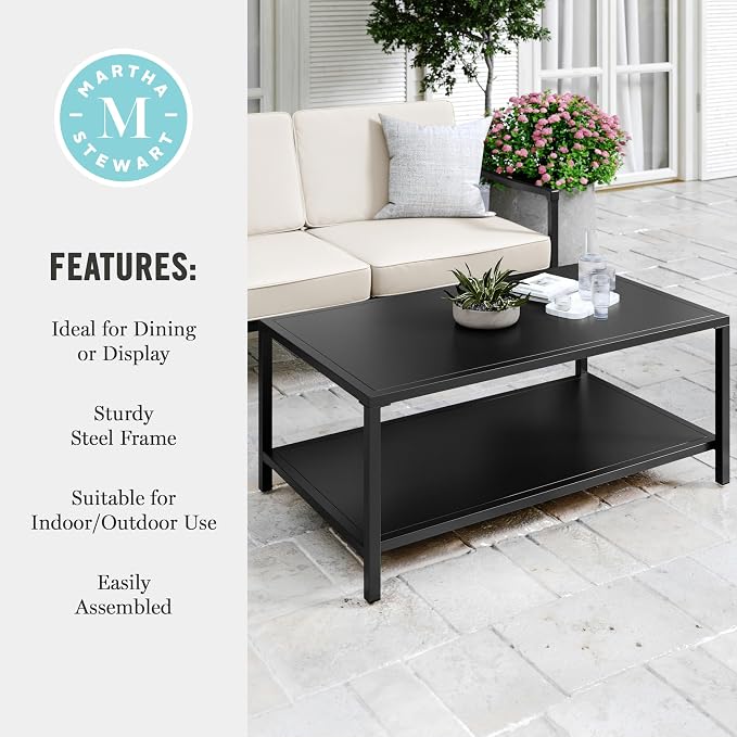 Martha Stewart Lily Pond All-Weather Patio Coffee Table with Lower Display Shelf and Steel Frame in Black