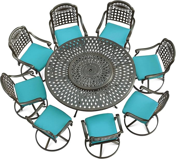 VIVIJASON 9-Piece Outdoor Furniture Dining Set, Rust-Free Cast Aluminum Patio Conversation Set, Include 8 Swivel Dining Chairs & 61" Round Dining Table with 31" Lazy Susan, Umbrella Hole, Ocean Blue