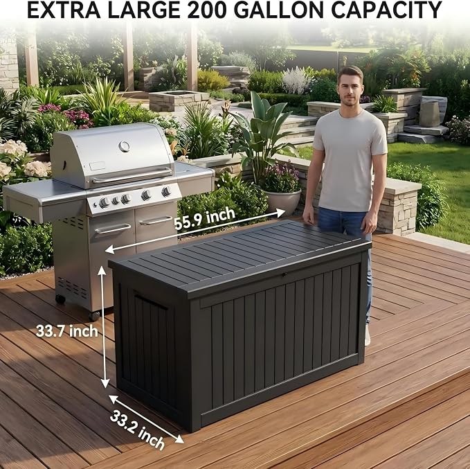 200 Gallon Resin Outdoor Storage Box for Garden Tools, Pool Supplies & Outdoor Patio Cushions – UV-Resistant, Waterproof, Durable Material – Lockable (Black)