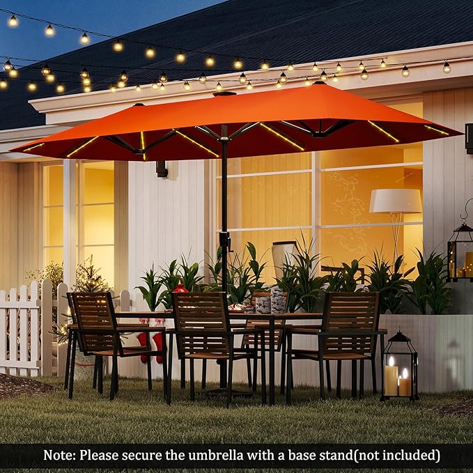 HAPPYGRILL 13 FT Double-sided Patio Umbrella with Solar Lights, Crank Handle & 12 Heavy-Duty Ribs, Outdoor Twin Size Oversized Rectangle Market Umbrella for Garden Deck Poolside