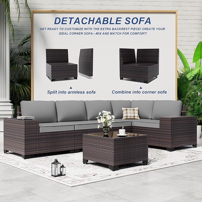 Outdoor Patio Furniture Set with Fire Pit Table, 13 Pieces Outdoor Furniture Set Patio Sectional Sofa w/43in Propane Fire Pit, PE Wicker Rattan Patio Conversation Sets - Grey