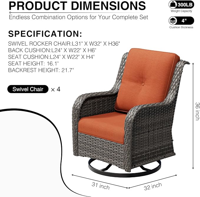 Joyside 4 Piece Outdoor Swivel Rocker Patio Chairs, Wicker Patio Furniture with High Back, Deep Seating, Wide Armrest, Thickened Cushions, Outdoor Rattan Furniture for Deck, Porch Use