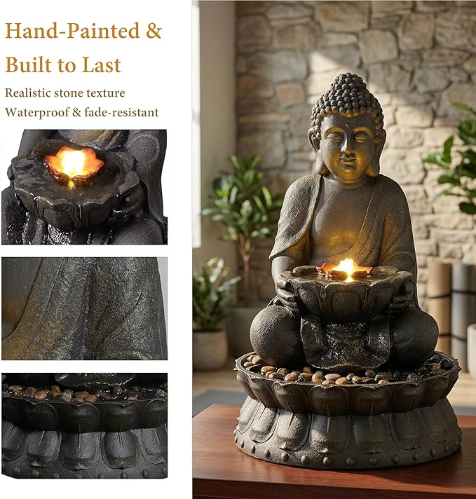 21.6 Inch Buddha Outdoor Freestanding Fountain, Water Fountain with LED Lights, Indoor Outdoor Decorative Resin Waterfall Feature for Patio, Backyard, Porch & Home Decor, Dark Bronze