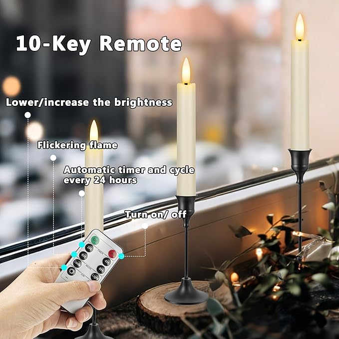 6.4 Inch Flameless Taper Candles with Remote Timer, Short Flickering Battery Operated Candles, Ivory Decorative Led Flameless Candlesticks for Weeding Home Party Festival, 8 Pack
