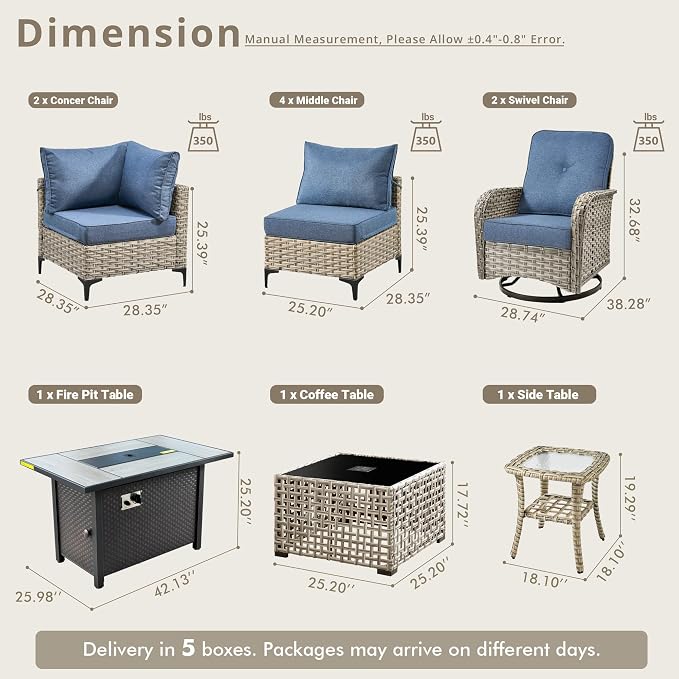 11 Pieces Patio Sectional Furniture Set, Outdoor Wicker Sectional Couch with Firepit Swivel Rocker Chairs Solar Lights Table, Modern Conversation Set for Porch Balcony Backyard, Denim Blue