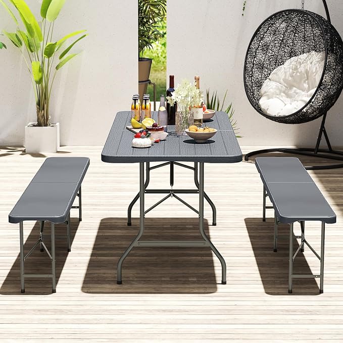 Goplus 6ft Plastic Folding Table, 350 LBS Indoor Outdoor Heavy Duty Portable Folding Tables with HDPE Tabletop, Handle, Lock, Foldable Rectangle Utility Card Table for Picnic, Party, Camping, Dining