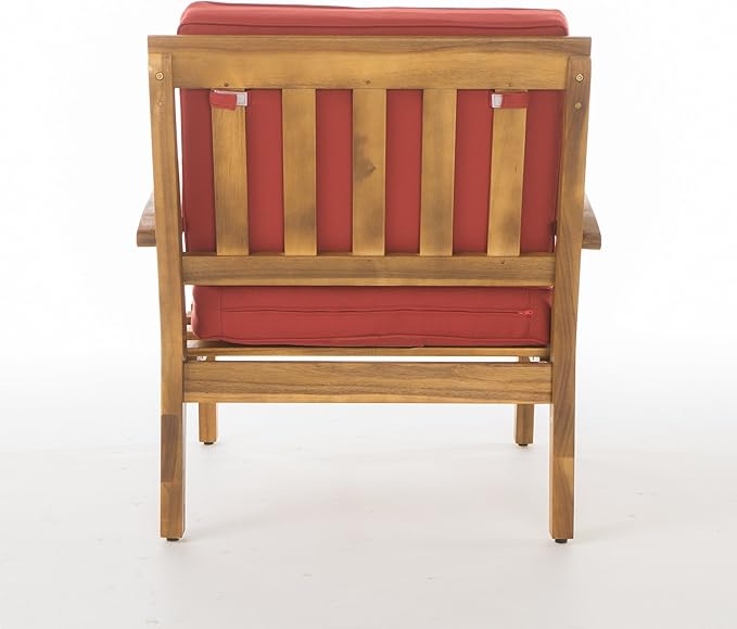 Christopher Knight Home Peyton Outdoor Wooden Chat Set with Cushions, 4-Pcs Set, Teak Finish / Red
