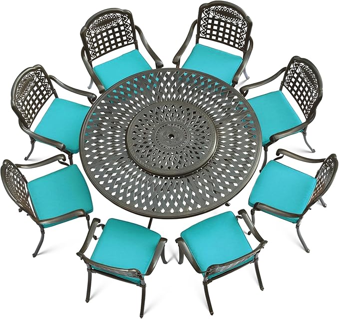 VIVIJASON 9-Piece Outdoor Furniture Dining Set, Rust-Free Cast Aluminum Patio Conversation Set, Include 8 Cushioned Chairs & 61" Round Dining Table with 31" Lazy Susan, Umbrella Hole, Ocean Blue