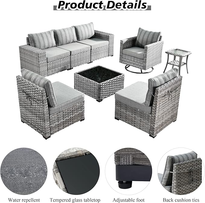 HOOOWOOO Outdoor Patio Sectional Furniture Sofa Set with Swivel Rocking Chair,8 Piece Modern Wicker Couch with Widened Armrest,Modular Conversation Seating Set for Garden(Grey Strips)