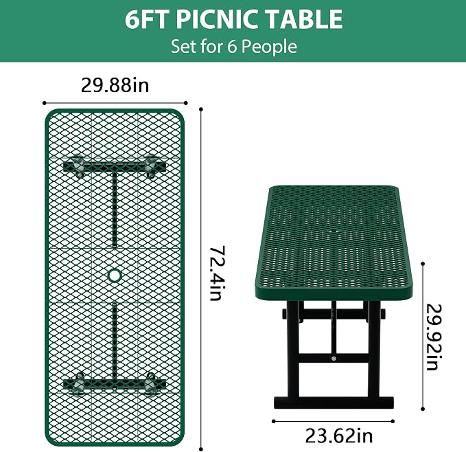 6FT Picnic Tables for Outdoors, Green Rectangular Heavy Duty Commercial Picnic Table with Umbrella Hole,Weather-Resistant Camping Table Dining Table for Backyard, Patio, Garden, Shops, Parks