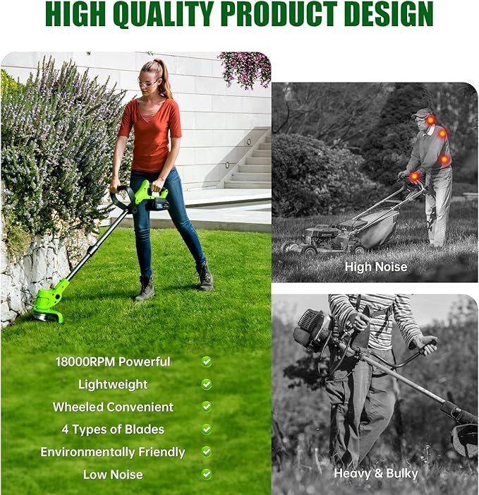 Cordless Weed Wacker Electric Grass Trimmer Battery Powered, Lightweight Grass Cutter with 2 Pack 21V Batteries, 4 in 1 String Trimmer with Adjustable Length Rod and 25 Blades for Yard and Garden