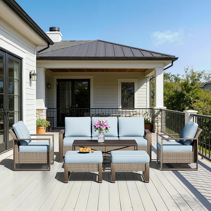 6 Pieces Metal Wicker Patio Furniture Set - 75" Sofa, 2 Armchairs and 2 Ottomans, 1 Coffee Table All Weather Rattan Outdoor Conversation Furniture with Washable Cushion for Deck Porch, Baby Blue