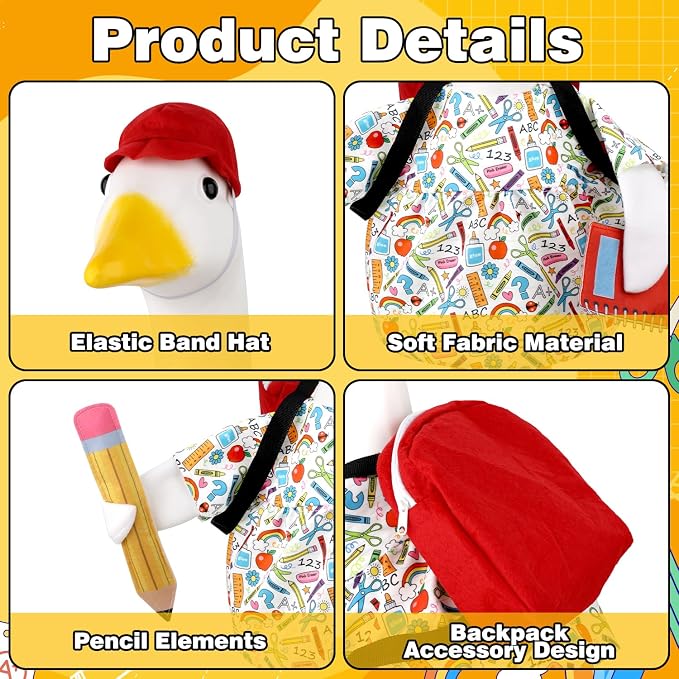 Back to School Porch Goose Outfits Goose Costume for School Outdoor Decor | Fits 23'' Plastic/Cement Statues, with School Bag, Pencil, and Notebook, for Classroom Garden Yard Patio Decoration