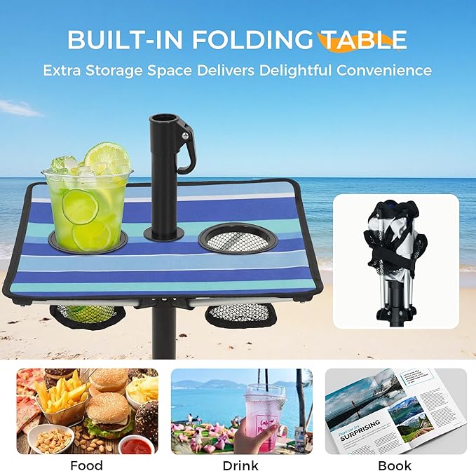 HOMEDEMO 8FT Large Beach Umbrella with Weight Bag & Sand Anchor, Outdoor Umbrellas with Adjustable Aluminum Pole and Table, Heavy Duty Windproof & UPF 50+