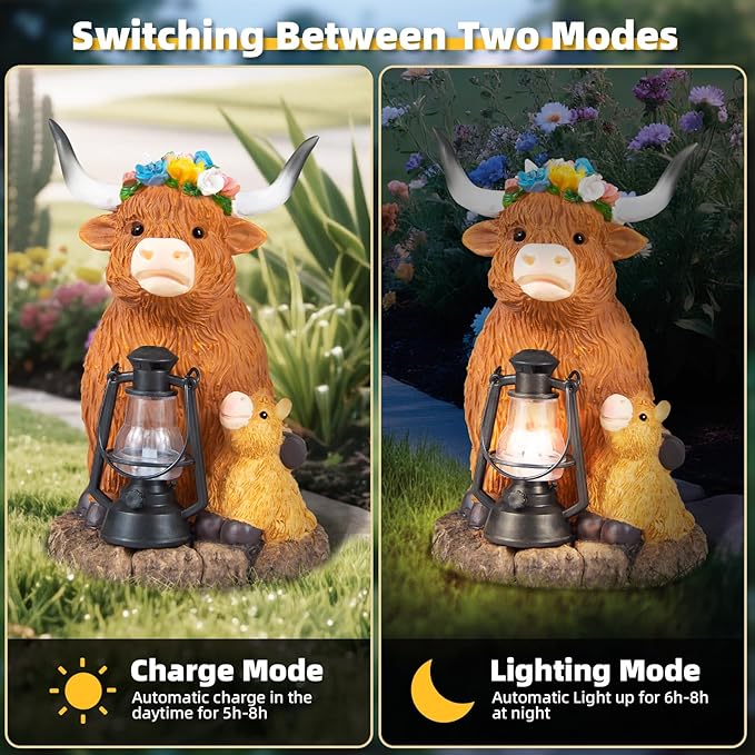 Highland Cow Solar Lights, Solar Powered Statues for Garden,Outside Decor with Latern for Yard Birthday Easter Gifts for Grandma Mom Women Funny Decorations for Yard and Patio Gifts