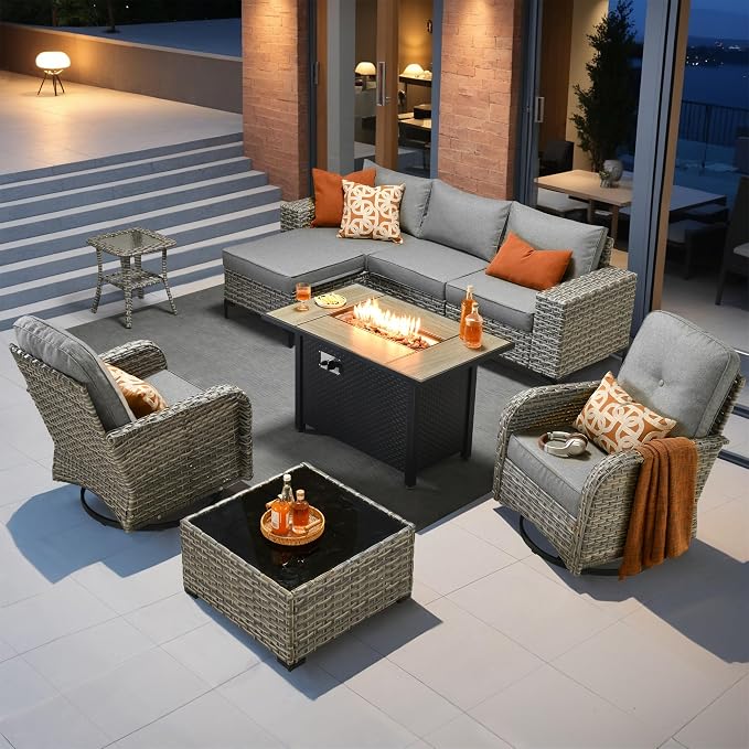 Outdoor Sectional Patio Furniture Set with Fire Pit Table,8 Pieces Wicker Conversation Sets L Shaped Couch,Extra Deep Out Door Sofa Outside Furniture with Swivel Chairs,Dark Gray