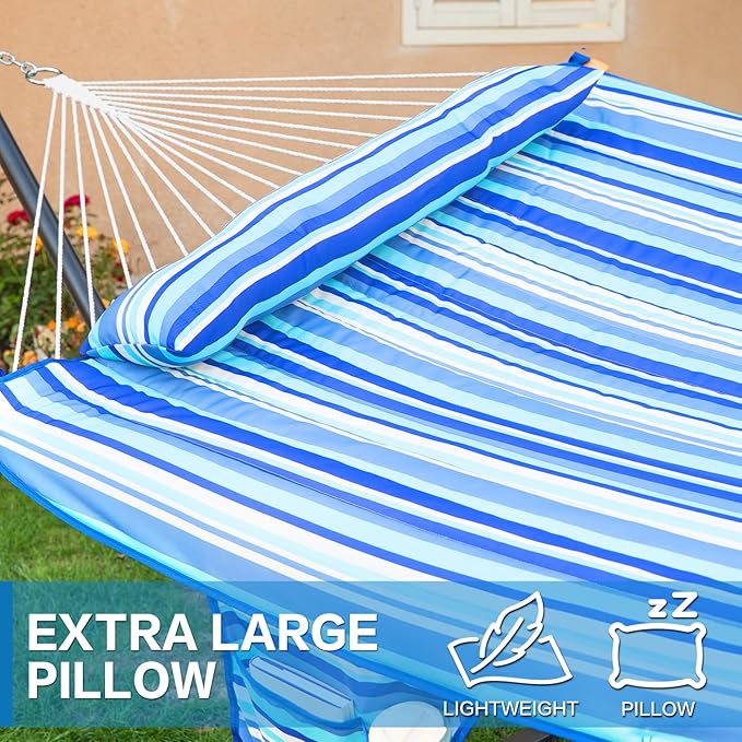 PNAEUT Double Hammock with Stand for Outside, Rope Hammocks with Polyester Pad 2 Person, 12ft Heavy Duty Stand, Extra Pillow, Storage Sidebag, Max 475 lbs Capacity (Ocean)
