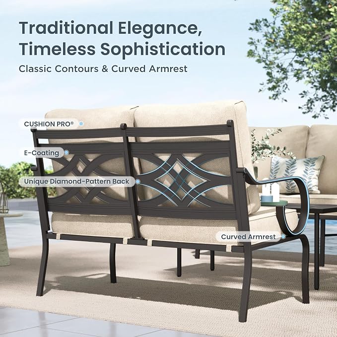 PHI VILLA Patio Furniture Set, 1 Loveseat, 3-Seater Sofa, 2 Fixed Chairs and 1 Coffee Table, Outdoor Metal Conversation Set with 5.75" Extra Thick Cushion for Garden Backyard Deck, Beige