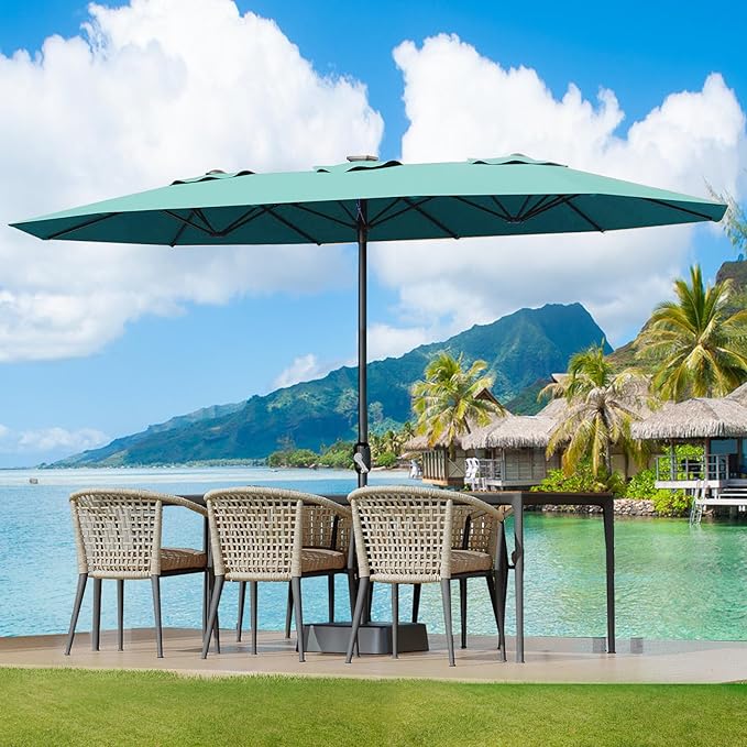 GarveeLife Large Patio Umbrella with Base Included, Double-Sided Rectangle Market Umbrella with Cross Base and Sandbag for Pool Lawn Garden (Misty Blue, 15FT)