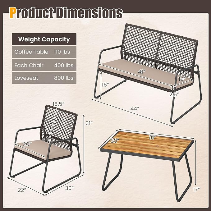 Tangkula 8 Pieces Patio Furniture Set, PE Wicker Rattan Conversation Set with Acacia Wood Coffee Table & Zippered Cushions, Outside Seating Set for Backyard, Garden & Deck (Beige, 8 Pcs)