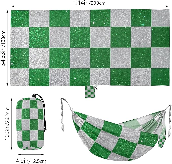 Fake Glitter Checkerboard Squares White Green 330lb Capacity Outdoor Hammock with Tree Straps Rope Hammock for Outside Patio Backyard Poolside hamaca para adultos