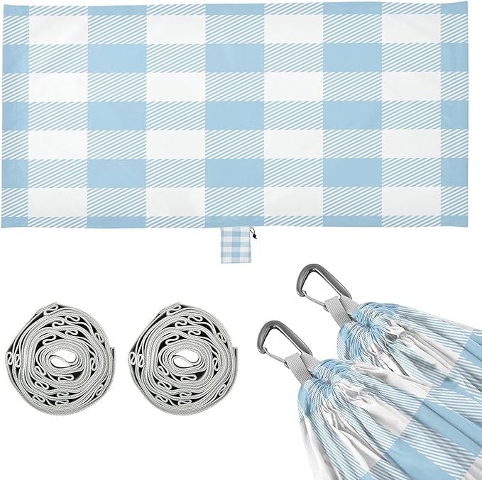 Qilmy Baby Blue Plaid Pattern Camping Hammock Single – 330 lbs Capacity, Lightweight with Tree Straps & Carabiners, Portable for Hiking, Travel, Backpacking