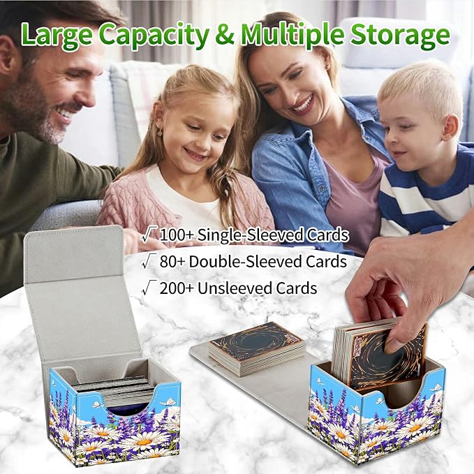 Card Deck Box for MTG, Cards Storage Box Fits 120+ Sleeved, Leather Small Size Strong Magnetic Closing Card Case for Board Games Magic TCG CCG Baseball Collection, Blue Sky Lavender