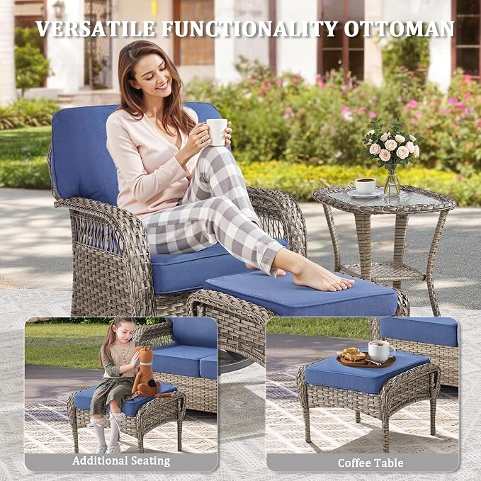 6 PCS Patio Furniture Set Outdoor Sectional Sofa Couch with Rocking Swivel Chairs 5" Deep Seat Chairs, 2 Sofa Sets Modern Wicker Rattan Conversation Set, Blue/Gray Wicker