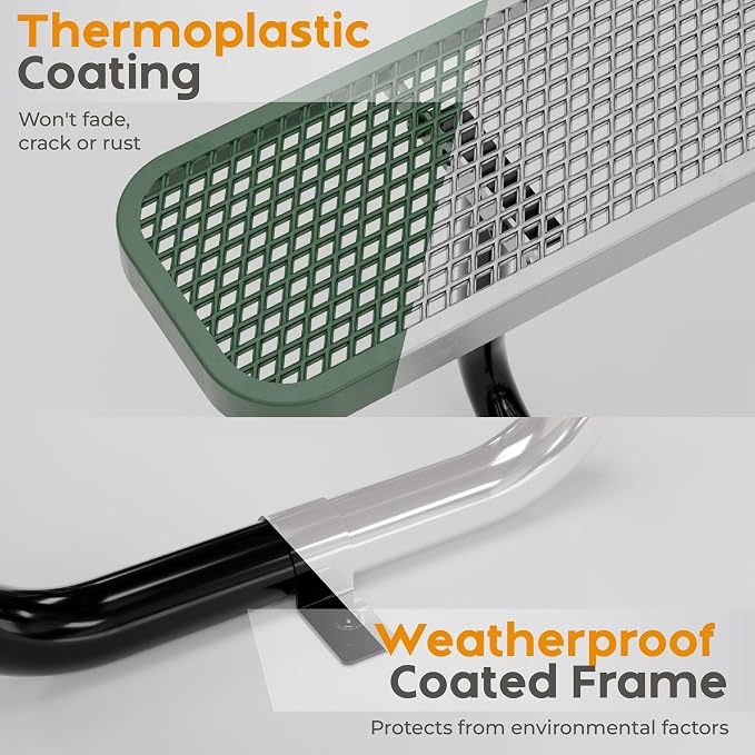 Commercial Heavy-Duty Metal Picnic Table - ADA Compliant, Adjustable Seats, Umbrella Hole, Expanded Metal (Green, 6' Rectangular)