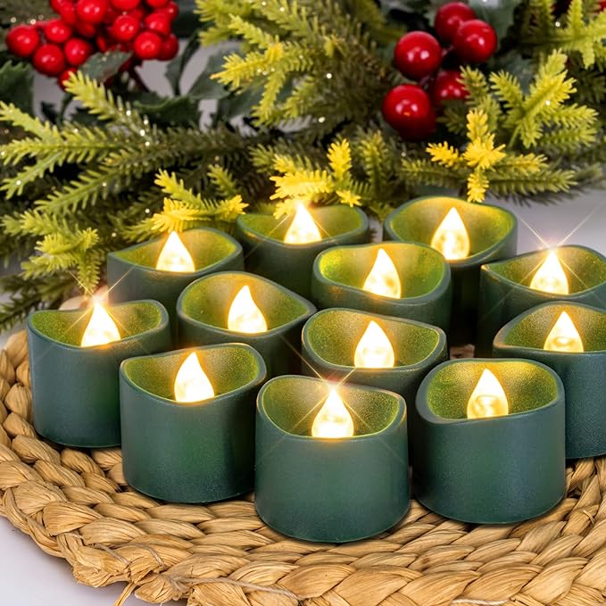 Homemory Green Tea Lights Candles Battery Operated, 200+Hour Flameless Flickering Fake Electric LED Colored Tealights for St. Patrick's Day, Christmas, Theme Party, Seasonal Celebrations, 12-Pack