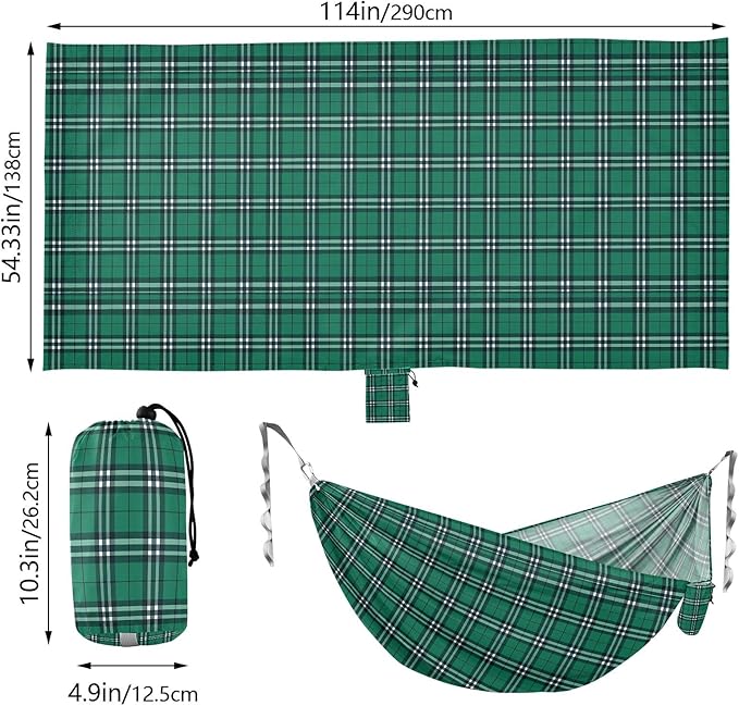 Camping Hammock Outdoor Hammocks for Outside Check Plaid Green 1 Beach Trees Portable Lightweight with Pockets Tree Straps Indoor