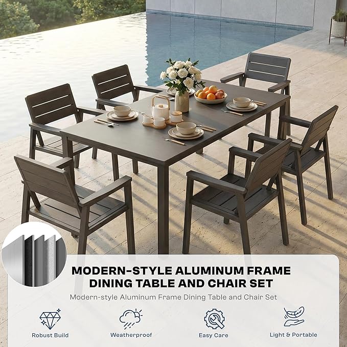 7 Piece Patio Dining Set for 6, Outdoor HDPE Table and Chairs with Umbrella Hole, All Weather Outdoor Furniture for Backyard, Deck, Lawn, Poolside, Grey