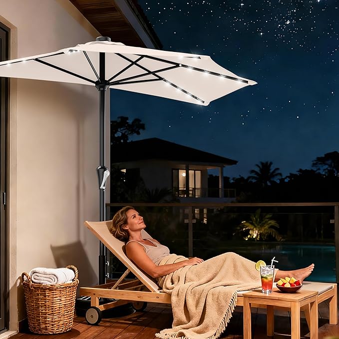 AreShark 9ft Patio Half Umbrellas with Solar Lights, 1/2 LED Half Outdoor Umbrella w/ 20 LED Lights, Lighted Table Wall Umbrella with Crank & 5 Sturdy Ribs for Market, Pool, Deck, Lawn and Garden, Cream White