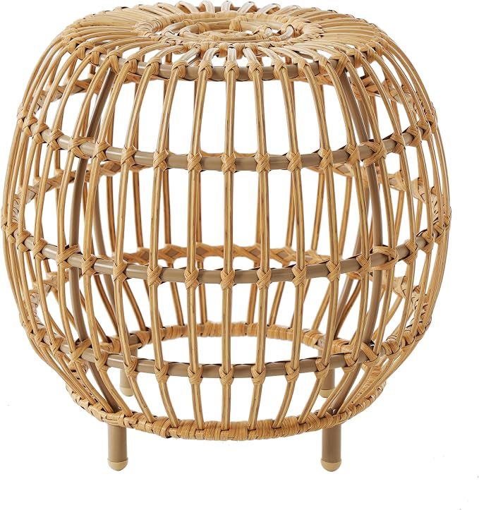 Side Table-Bohemian Faux Rattan Weave Accent Table for Indoor Outdoor Use, Handcrafted Round Side Table for Living Room, Patio, Garden,Light Brown Color